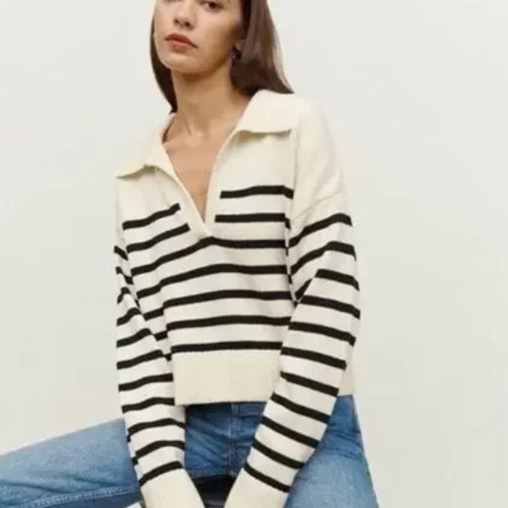 Reformation Francesco Cotton Polo Sweater in Gossamer/Black Stripe